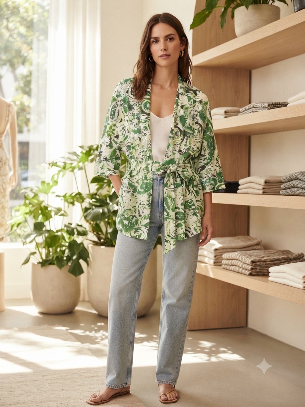 Zara Green Floral Tie-Belt Blazer